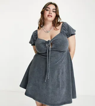 ASOS DESIGN Curve bardot mini tea dress with tie in charcoal acid wash