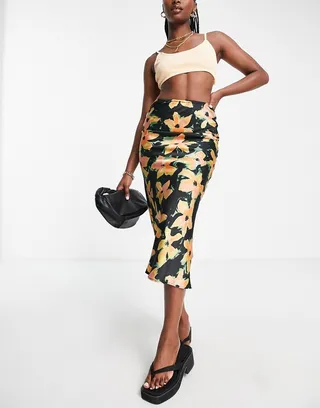 Topshop painted floral satin bias midi skirt in multi