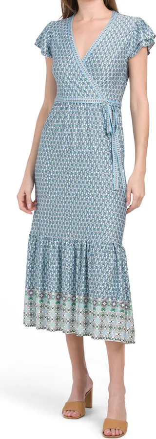 Crepe Jersey Double Layer Short Sleeve Wrap Midi Dress