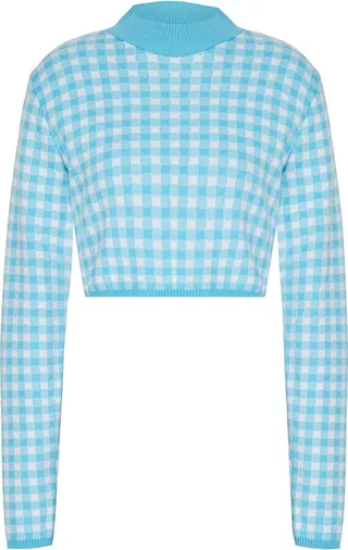 Cotton-blend Check Knit Crop-top Turtleneck Turquoise