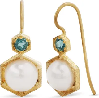 Akoya Pearl & Blue Green Tourmaline Yellow Gold Earrings