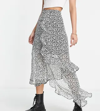 ASOS DESIGN Tall ruffle midi skirt in mono floral print