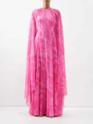 Printed Silk Cape-sleeve Gown