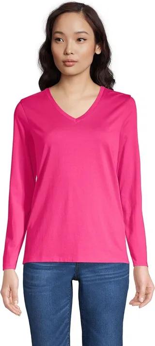 Lands' End Women's Tall Relaxed Supima Cotton Long Sleeve V-Neck T-Shirt - Small Tall - Hot Pink