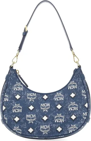 MCM Aren All-Over Logo Patterned Denim Shoulder Bag