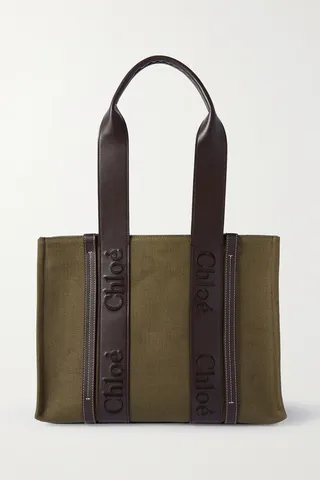Chloé - Woody Medium Embroidered Leather-trimmed Linen-canvas Tote - Green