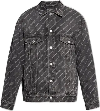 Balenciaga Allover Logo Print Distressed Denim Jacket