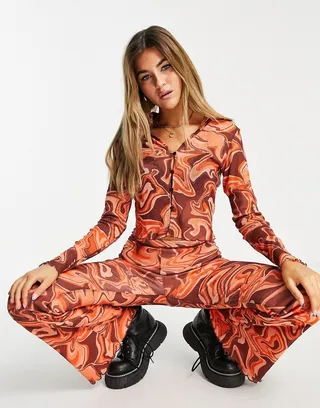 Topshop swirl print lettuce mesh shirt in multi