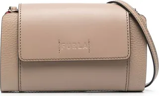 Greige leather debossed-logo mini bag