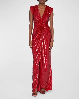 Twisted Plunging Sequin Gown