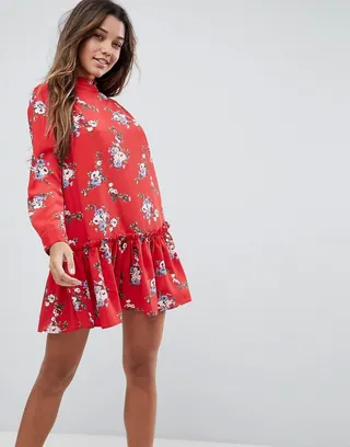 ASOS DESIGN smock mini dress with pep hem in red floral