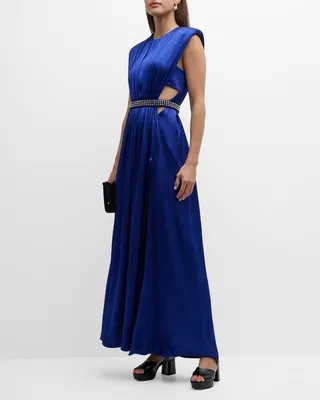 Cutout Strong-Shoulder Crystal-Belt Satin Gown