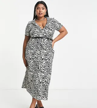 ASOS DESIGN Curve short sleeve midi wrap dress with belt in mono zebra print