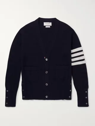 Slim-Fit Striped Grosgrain-Trimmed Mélange Cashmere Cardigan