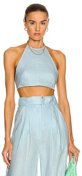 MATTHEW BRUCH Tie Halter Crop Top in Baby Blue