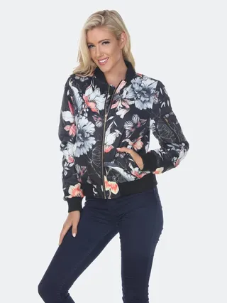 White Mark Floral Bomber Jacket - Black