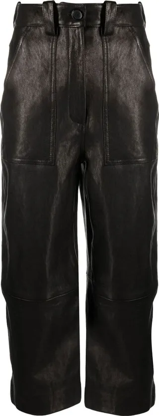 Black High-Waisted Cropped Leather Trousers