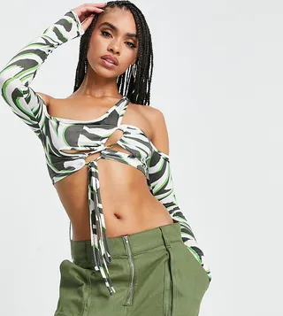 ASYOU tie detail asymmetrical shoulder crop top in zebra print