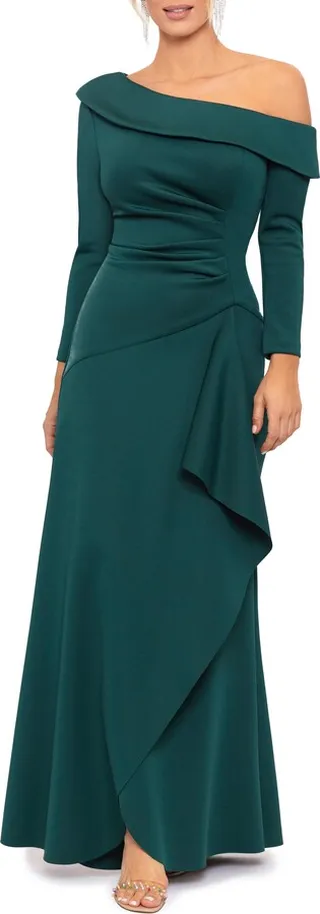 One-Shoulder Long Sleeve Scuba Crepe Gown