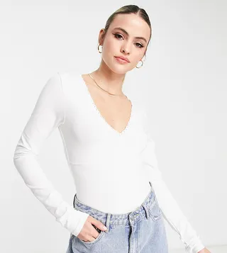 ASOS DESIGN Tall v neck lace trim long sleeve bodysuit in white