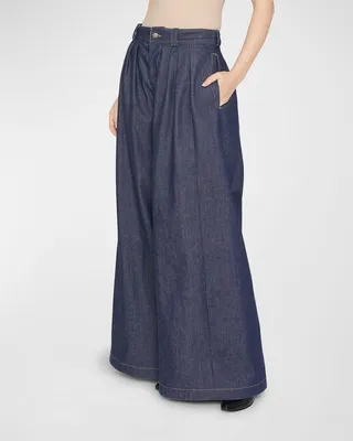 Pleated Wide-Leg Denim Pants