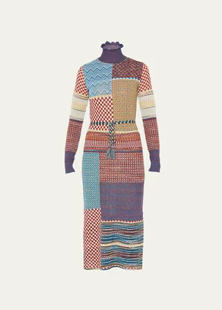 Almira Masque Patchwork Jacquard Knit Midi Dress with Belt