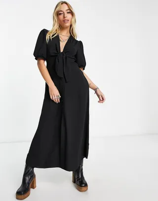 ASOS DESIGN tie front button up midi dress in black