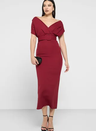 Off Shoulder Belted Shift Dress