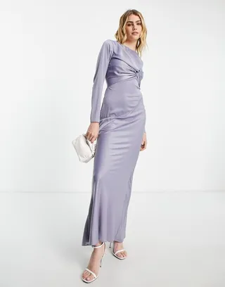 ASOS DESIGN twist front long sleeves satin maxi dress in lilac