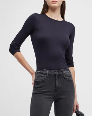 Soft Touch Flat-Edge Long-Sleeve Crewneck Top