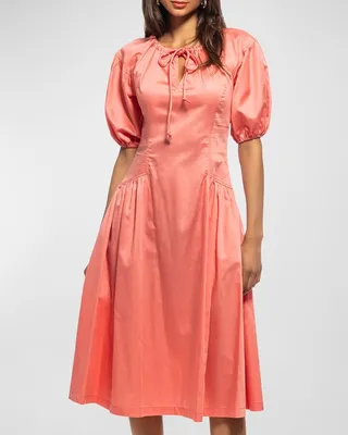 Poppy Puff-Sleeve Gathered Midi Dress