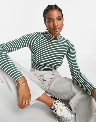 ASOS DESIGN long sleeve bodysuit with turtle neck in bottle green and off white stripe