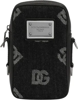 Small calfskin and denim crossbody bag with logo