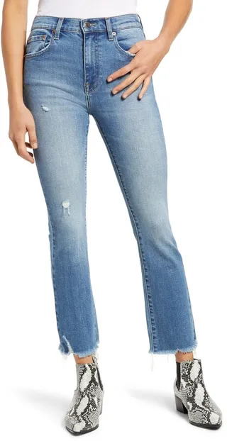 Distressed High Waist Bitten Raw Hem Bootcut Jeans