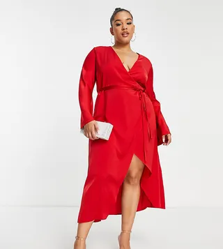ASOS DESIGN Curve bias cut satin wrap dress with tie waist in red