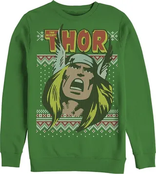 Men's Marvel Thor Retro Comic Holiday Ugly Sweater Sweatshirt - Kelly Green - X Large