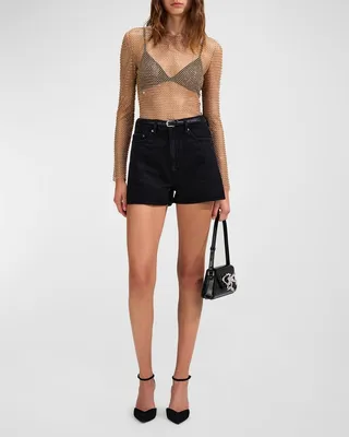 Hotfix Long-Sleeve Crystal Fishnet Top