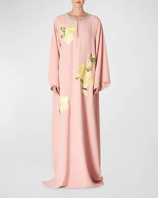 Floral Embroidered Crystal Neck Caftan Gown