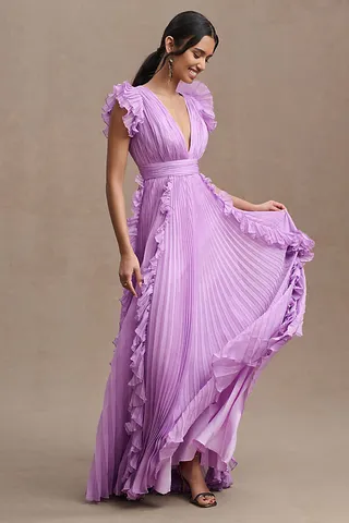 Mac Duggal Pleated Flutter-Sleeve Deep-V Empire-Waist Gown Purple