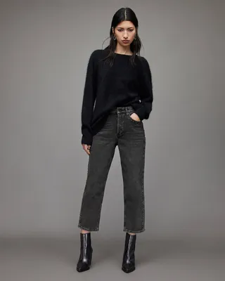 Avery High-Rise Studded Straight Jeans - Washed Black
