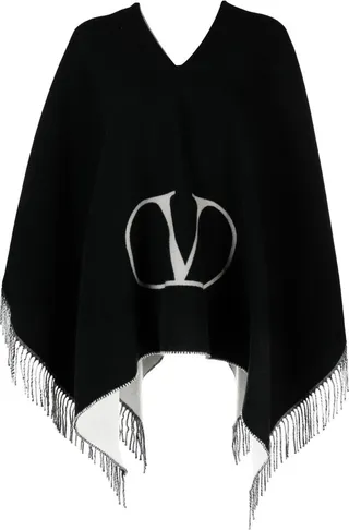 Black VLogo Signature Fringed Poncho