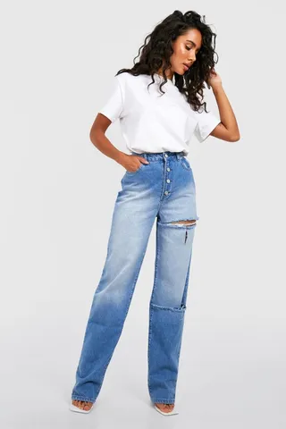 Button Front Ripped Straight Fit Jeans