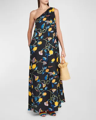 Roy One-Shoulder Placed Print Silk Maxi Dress