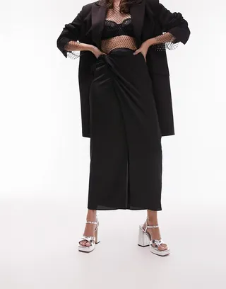 Topshop wrap satin midi skirt in black