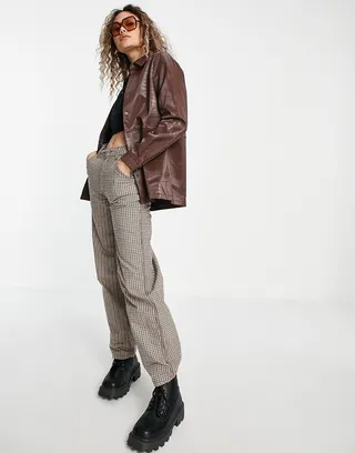 Noisy May leather look croc shacket in chocolate brown