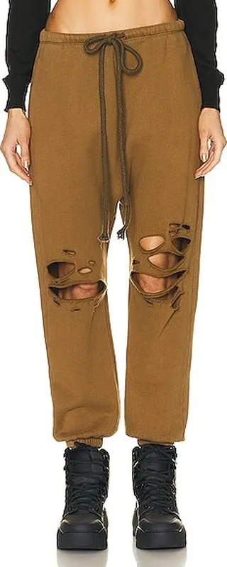 R13 Shredded Knee Dropped Crotch Sweatpant in Olive