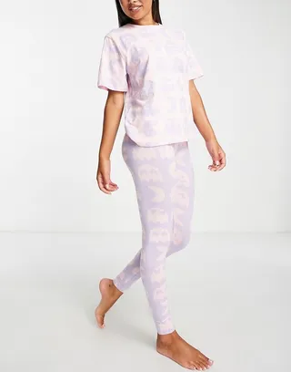 ASOS DESIGN Pac-Man oversized tee & leggings pajama set in pink & lilac