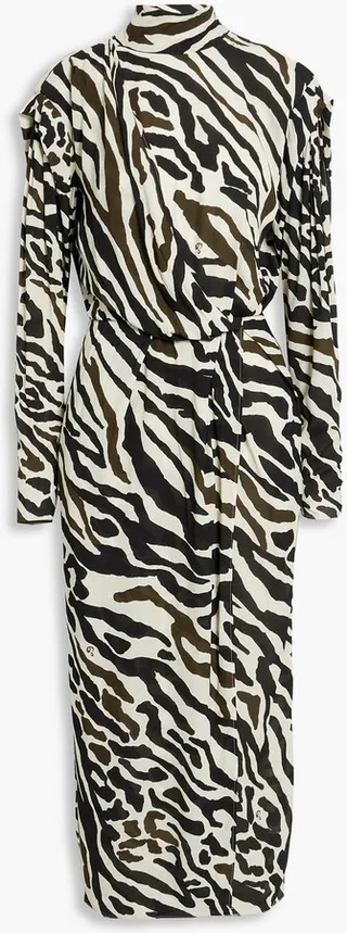 Wrap-effect zebra-print crepe turtleneck midi dress