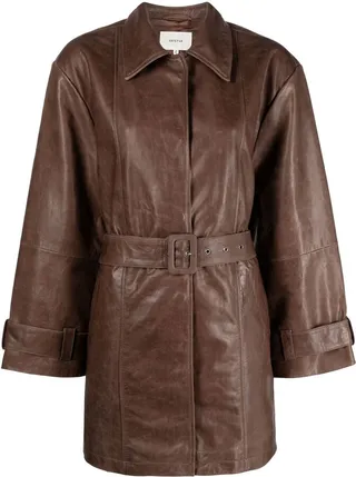 Belted-Waist Leather Coat