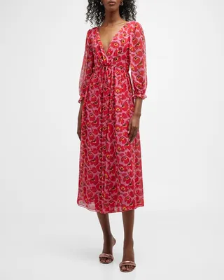 Plunging Floral-Print Waist-Tie Midi Dress